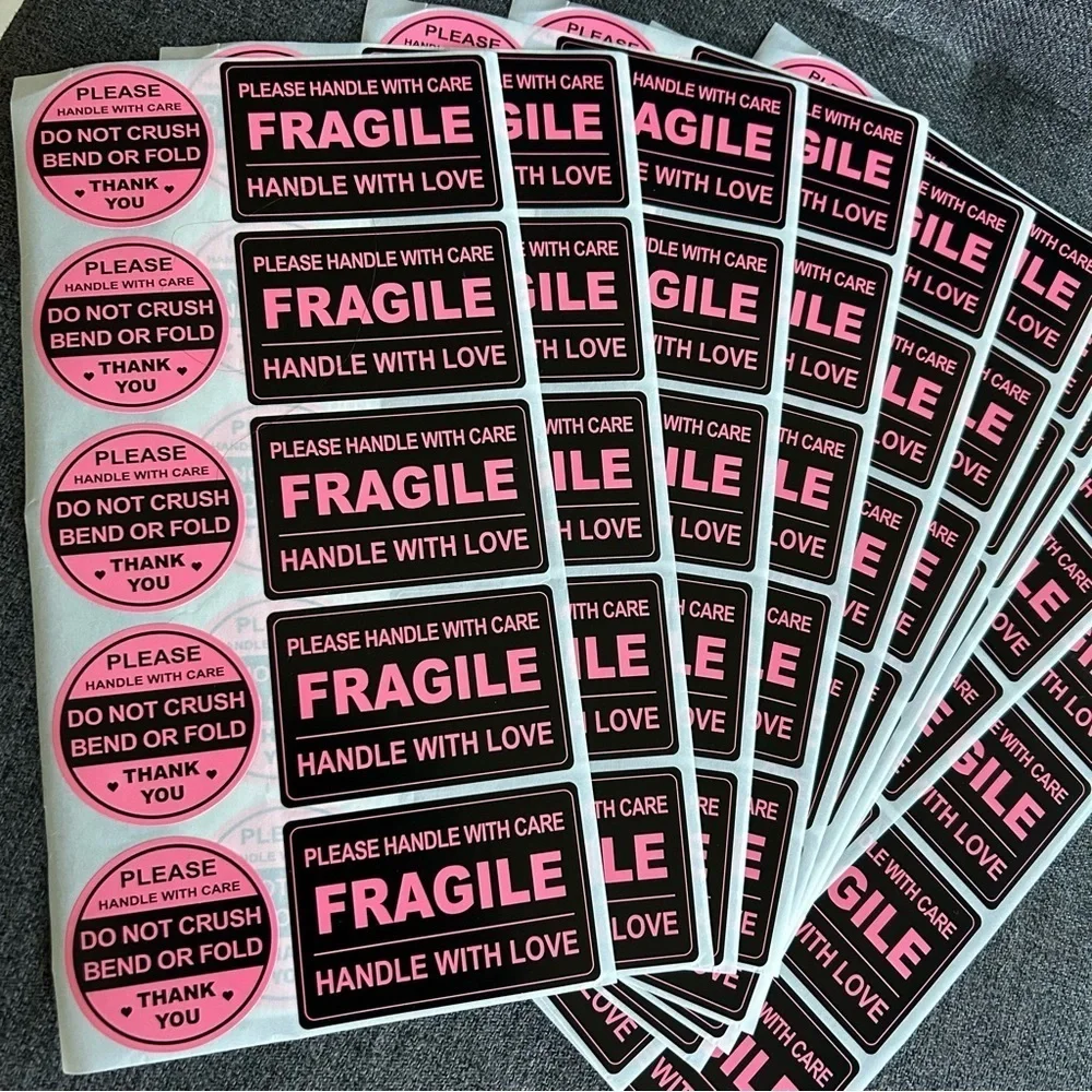Count of 100 - Fun, Neon Pink + Black Rectangular + Circular FRAGILE Stickers